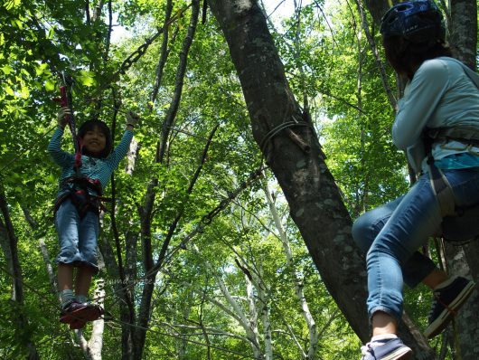 森の中で木登りする少女